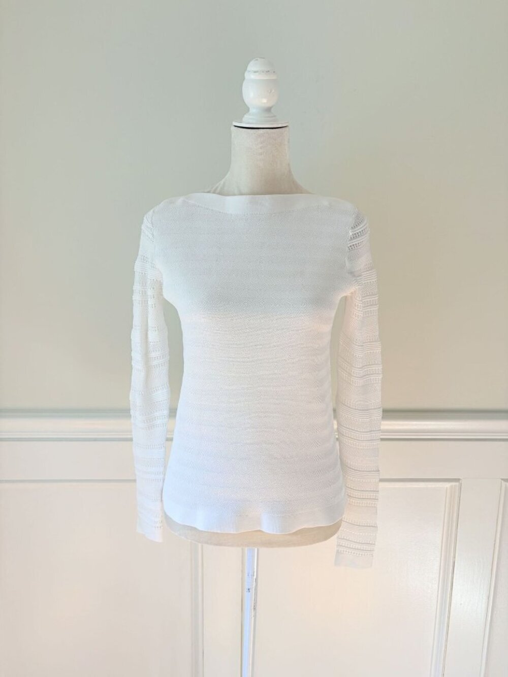 The Fold London White Boatneck Sweater Stretch Herringbone Knit